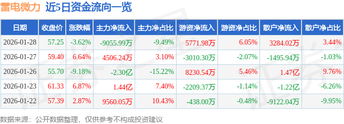 雷电微力（301050）1月28日主力资金净卖出905599